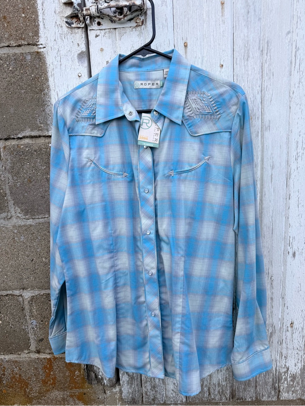 Roper Light Blue and White Plaid Western Snap Shirt with Embroidered Yoke